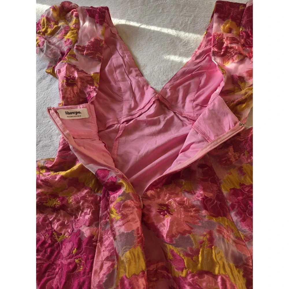 Barbie Core Coquette Showpo Floral Organza Fit Flare Plunge Mini Dress Pink US 4 - Picture 11 of 16